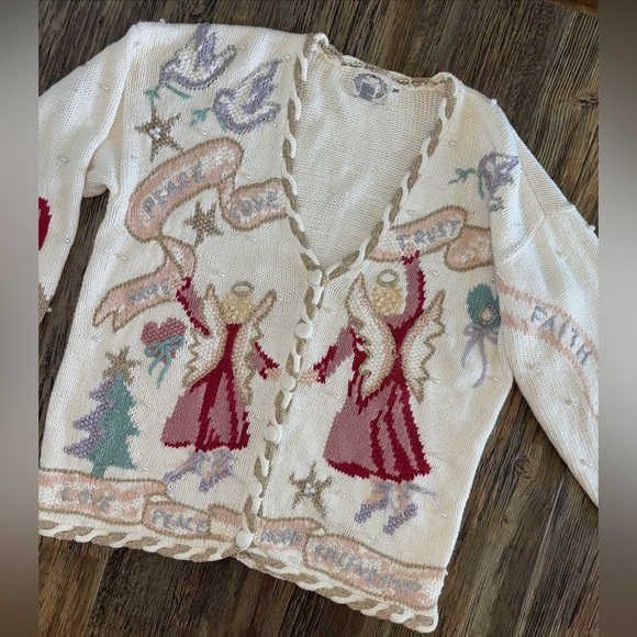Vtg Stitches In Time QVC 2XL Embellished Cardigan Sweater Angels Peace Love Hope - Picture 8 of 13